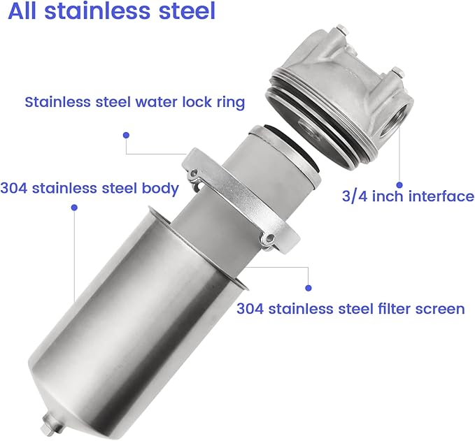 Amwater NSF/ANSI 42 Stainless Steel Whole House Water Filter Housing, 5" x 2.5" Sediment Water Filter System for Heavy Duty, Well & City Water, 3/4" NPT Port, Drain Valve Style C