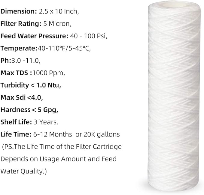 Geekpure 10 Inch PP Wound String Spun Sediment Replacement Filter for Reverse Osmosis System- 2.5" x 10"-5 Micron-4 Pack