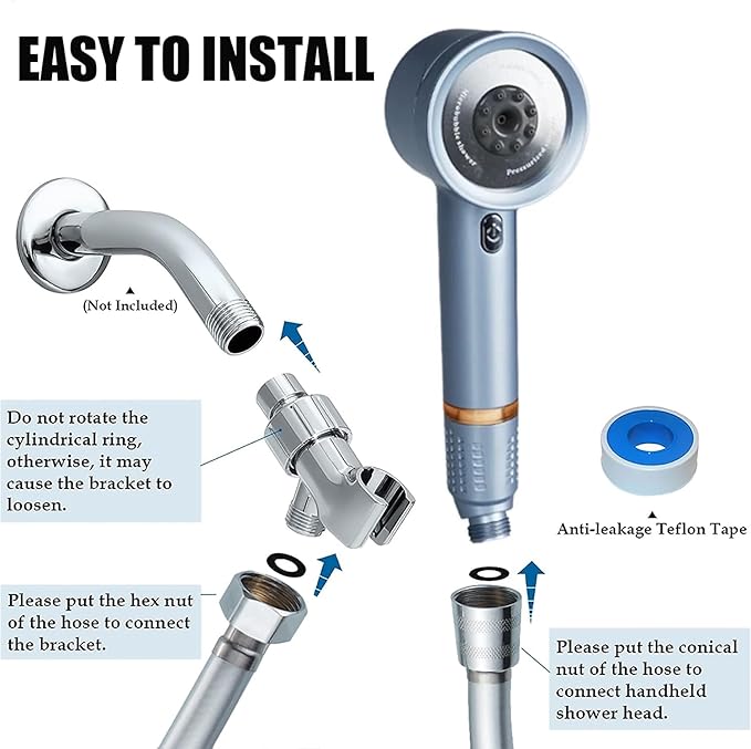 High Pressure Shower Head with Handheld, with Pause Switch 4 Spray Modes Water Saving Showerhead,Showerhead Set with Hose, Bracket and Cotton Filter, (blue)