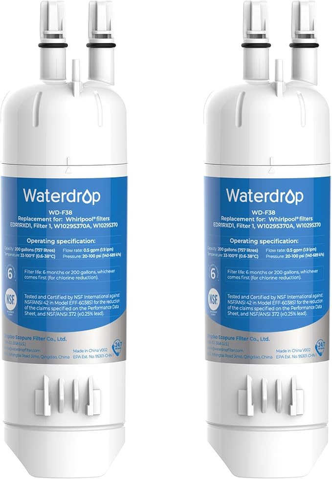 Waterdrop EDR1RXD1 Replacement for Everydrop® Filter 1, Whirlpool® W10295370A, EDR1RXD1B, P8RFWB2L, P4RFWB, WD-F38, Kenmore® 46-9081, 46-9930 Refrigerator Water Filter, 2 Pack