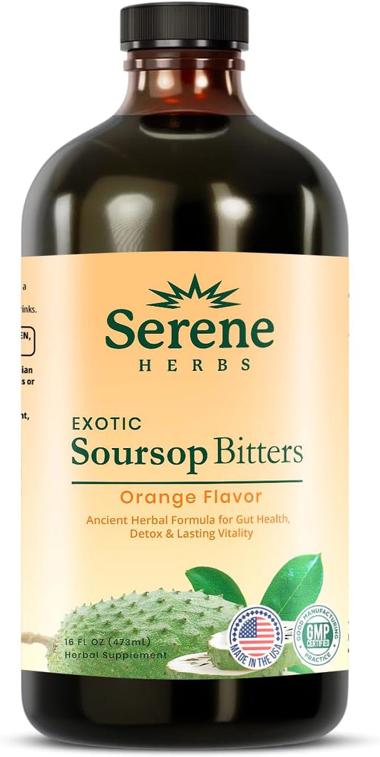 Soursop Bitters Liquid with Soursop Leaves for Gut Cleanse, Detox & Immune Boost with Black Seed, Moringa, Irish Moss, Ashwaganda, Turmeric, 16 fl oz (16 Fl Oz, Orange)