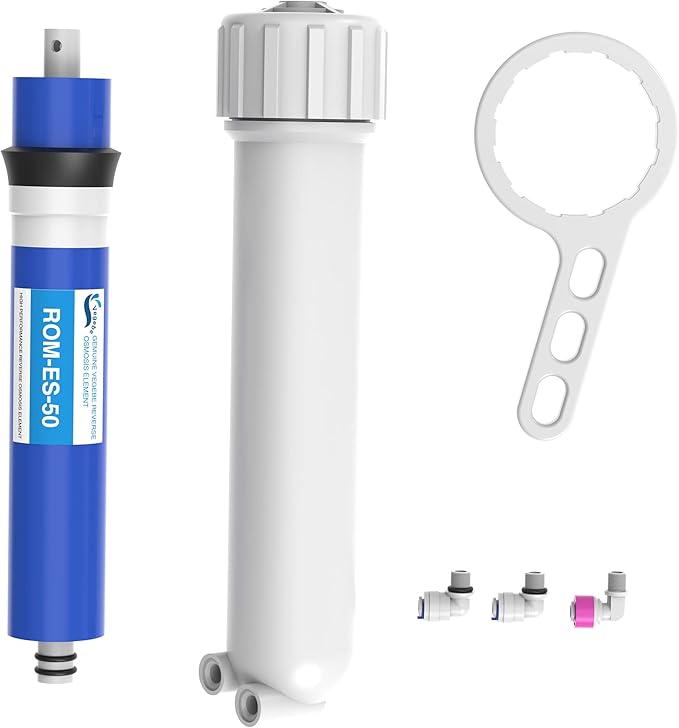 50 GPD RO Membrane filter Replacement with Reverse Osmosis Membrane Housing, Wrench, 1/4" Quick-Connect Fitting, Check Valve, Fit Under Sink RO Home Drinking Water Filter Filtration Purifier System
