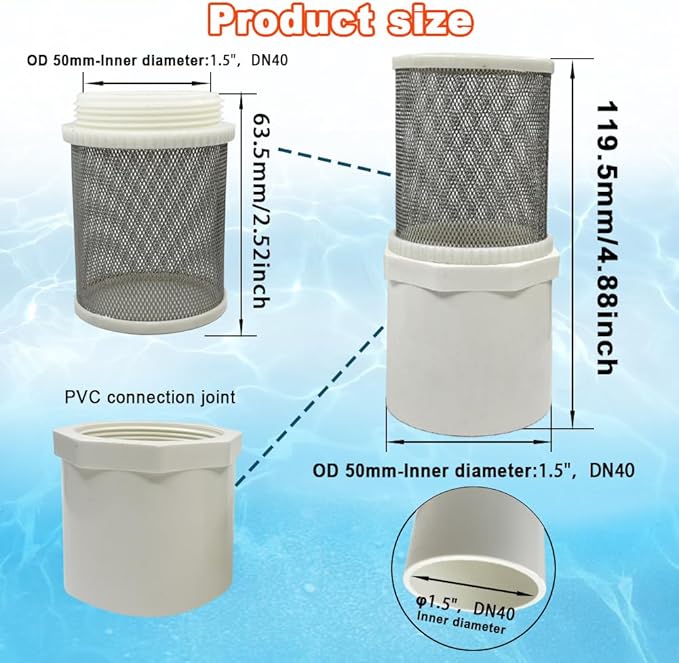 1.5 inch Stainless Steel Filter Cover Connected to 1.5 inch/DN40 PVC Water Pipe, Suction Strainers 360 Degree mesh Rapid Filtration Used to Remove Debris and Reduce Solid Entry