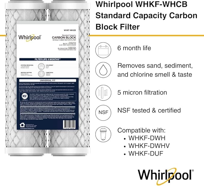Whirlpool 10" x 2.5" Carbon Block Water Filter WHKF-WHCB, NSF Certified 5 Micron Reduces Chlorine and Sediment, 6-Month Life, CTO Replacement Cartridge Fits Most Home Filter Housings
