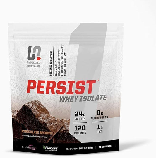 Undefined Nutrition Persist Whey Isolate by Brian Shaw - 24g Protein, 30 Servings – Supports Recovery, Strength & Performance - Gluten Free, Fast Absorbing (2.18lbs, Chocolate Brownie)