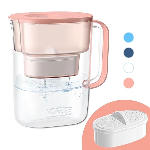 Waterdrop Water Filter Pitcher with 1 Filter, 200-Gallon Long-Life, 10-Cup Large Water Filter Pitcher, NSF Certified, 5X Times Lifetime, Reduces PFOA/PFOS, Chlorine, Pink