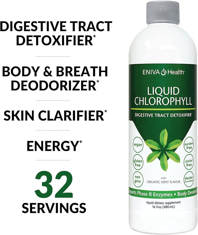 Eniva Health Liquid Chlorophyll Vegan | Immunity | Detox & Cleanse | Clear Skin | Energy Boost | Gut Health | Internal Deodorant | USA Manufacture | Mulberry Source | Mint |16 Fl Oz Bottle