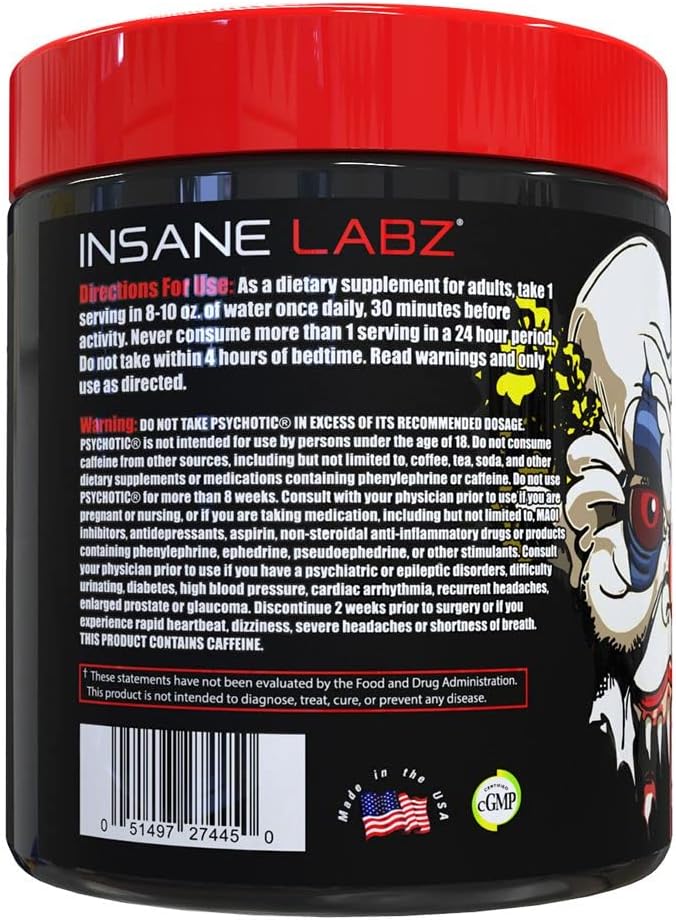 Insane Labz Psychotic, High Stimulant Pre Workout Powder, Extreme Lasting Energy, Focus and Endurance with Beta Alanine, Creatine Monohydrate, DMAE, 60 Srvgs, Fruit Punch