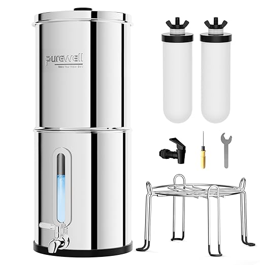 Purewell 2.25G Gravity Water Filter System with Water Level Window, 3-Stage Stainless Steel Countertop System with 2 Washable Ceramic Filters and Stand, Reduce up to 99% Chlorine, PW-KST