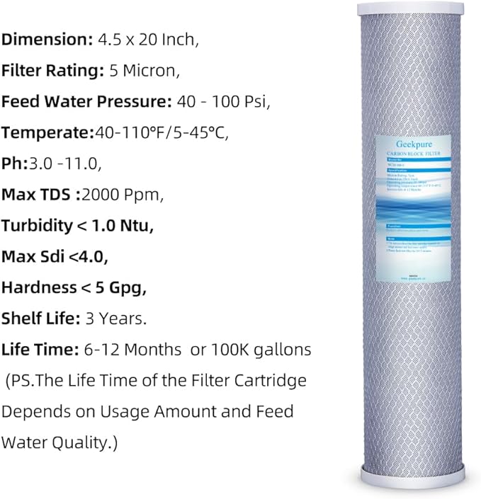 Geekpure 20-Inch Universal Compatible Carbon Block Water Filter Cartridge for Whole House Water Filter- 4.5 Inch x 20 Inch