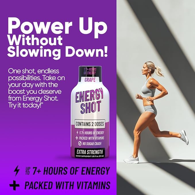 Energy Shot – 2 Servings – 100% DV B-Vitamins & 130mg Plant-Based Caffeine – Zero Calories, Sugar-Free, Vegan, Non-GMO – Energy & Productivity Support (1.93 Fl Oz (Pack of 24), Grape)