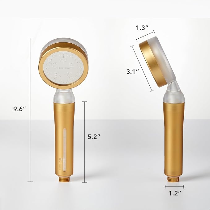 Barumi Pluo Handheld Filtered Shower Head - Gold | Vitamin C Filter for Healthy Skin & Hair | High Pressure Soft Spray | Dual Filtration Removes Chlorine & Impurities | Gentle Shower for Pets
