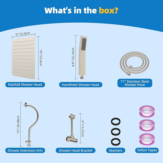 Hibbent All Metal Shower Head, 10'' High Pressure Rainfall Shower Head, Showerhead Combo, Handheld Shower Wand, 12'' Adjustable Curved Extension Arm, 71'' Hose, Shower Head Holder, Brushed Nickel