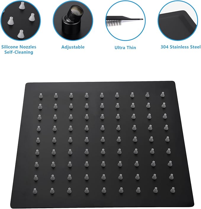 Lordear Rain Shower Head 8 Inch Square High Pressure Waterfall Shower Head Ultra Thin 304 Stainless Steel Shower Head with 100 Silicone Nozzles,Matte Black