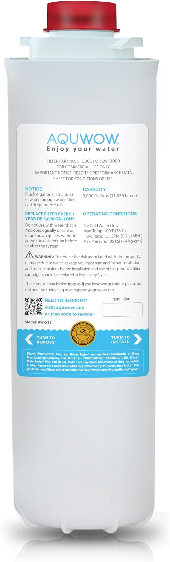 51300C Replacement Water Filter For Premium Filtration – Compatible with Elkay 51300C, 55898C, ERF750, EWF3000 – No Chip, Extended Service Life (1, 12")