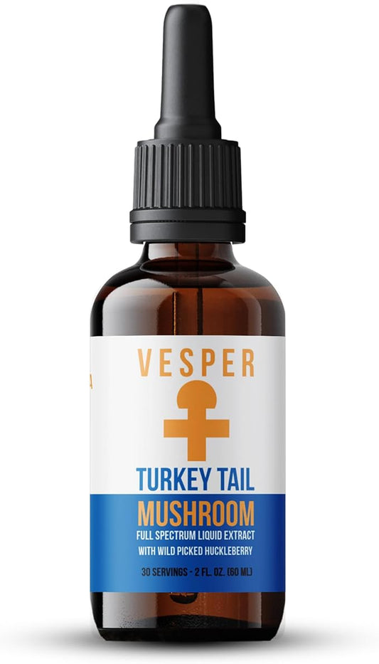 Vesper Turkey Tail Mushroom Liquid Extract - Double Extraction with Wild Huckleberries for Gut Health, Immune Boost, Prebiotic Benefits, USA-Grown, for Digestive & Immune Wellness – 2oz