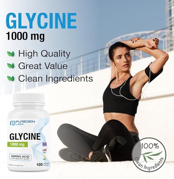 Puregen Labs Glycine 1000mg [High Potency] 100 Vegetarian Capsules, Promotes Healthy Sleep | No Harmful Additives | Non-GMO, NO Gluten and Dairy | Made in USA - 100 Servings