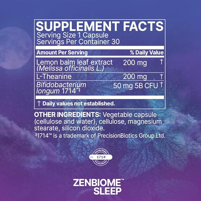 Microbiome Labs Zenbiome Sleep - L Theanine Supplement with Lemon Balm Extract & Probiotics with Bifidobacterium Longum - Help Soothe The Gut-Brain Axis at Bedtime (30 Capsules)