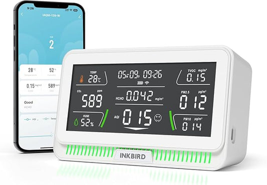 10-in-1 Air Quality Monitor with WiFi App Alerts | CO2, PM2.5, HCHO, TVOC Detector | 6.1" HD Display & 2Y Data Storage | Wall/Desk Mount for Home, Office, School (White)