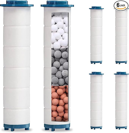 Turbo Shower Head Filter with Minerals, Hydro Shower Head High Pressure Handheld Vortex Turbo Fan Showerhead Filter for Hard Water, Reduces Dry Itchy Skin, 3.7in Set of 6 Replacement PP-Cotton Filters