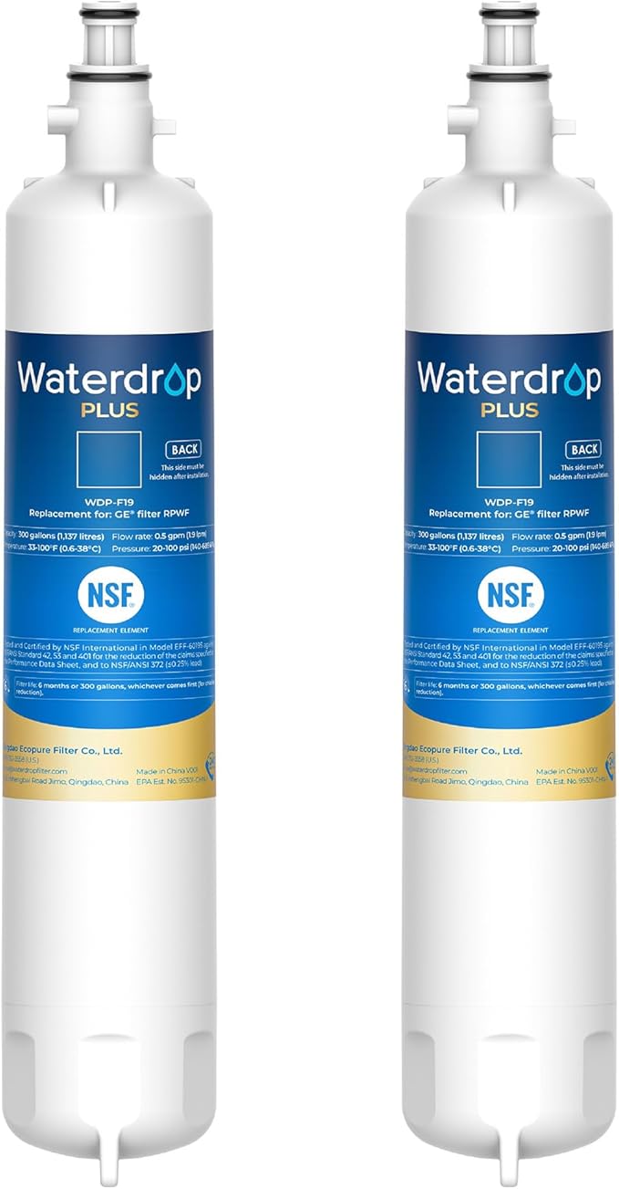 Waterdrop Plus RPWF Refrigerator Water Filter, Replacement for GE® RPWF (NOT RPWFE), Reduce PFAS, WDP-F19, DWF-36, R-3600, MPF15350, OPFG3-RF300, RWF1063, Certified by NSF 401&53&42, 2 Filters