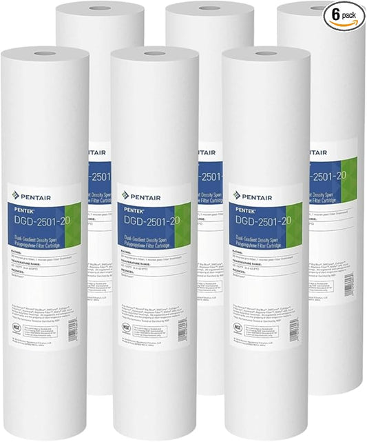 Pentair Pentek DGD-2501-20 Big Blue Water Filter, 20-Inch Whole House Sediment Filter Cartridge Replacement, Dual-Gradient Density Spun Polypropylene, 20" x 4.5", 1 Micron, Pack of 6, White