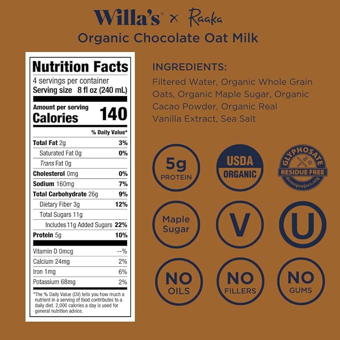 Willa's Organic Oat Milk - Chocolate Unsweetened Cacao Oatmilk, Non-GMO, Shelf Stable, Low Sugar, Non-Dairy Milk, Made from Whole Grain Oats, No Oil, No Gums, 32 Oz - Pack of 6