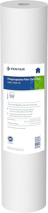 Pentair Pentek DGD-7525-20 Big Blue Water Filter, 20-Inch Whole House Sediment Filter Cartridge Replacement, Dual-Gradient Density Spun Polypropylene, 20" x 4.5", 25 Micron, Pack of 1, White