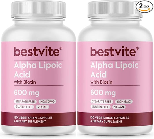 Alpha Lipoic Acid 600mg (per Capsule) with Biotin to Enhance Absorption (240 Vegetarian Capsules) (2 x 120) No Fillers - No Stearates - No Flow Agents