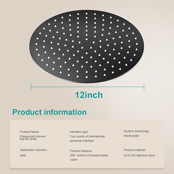 All Metal Rain Shower Head - Heavy Duty Stainless Steel, Easy Install, High Water Flow, Ultra-Thin Modern Design for Bathroom (D-Matte Black, 12)