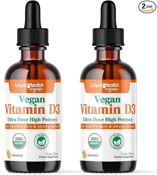 LIQUIDHEALTH Vitamin D3 5000 IU, USDA Organic Vitamin D Liquid Drops for Adults & Kids, Vegan Vitamin D for Immune System Support, Bone Health, Mood Support, Healthy Skin - Made in USA (2 Pack)