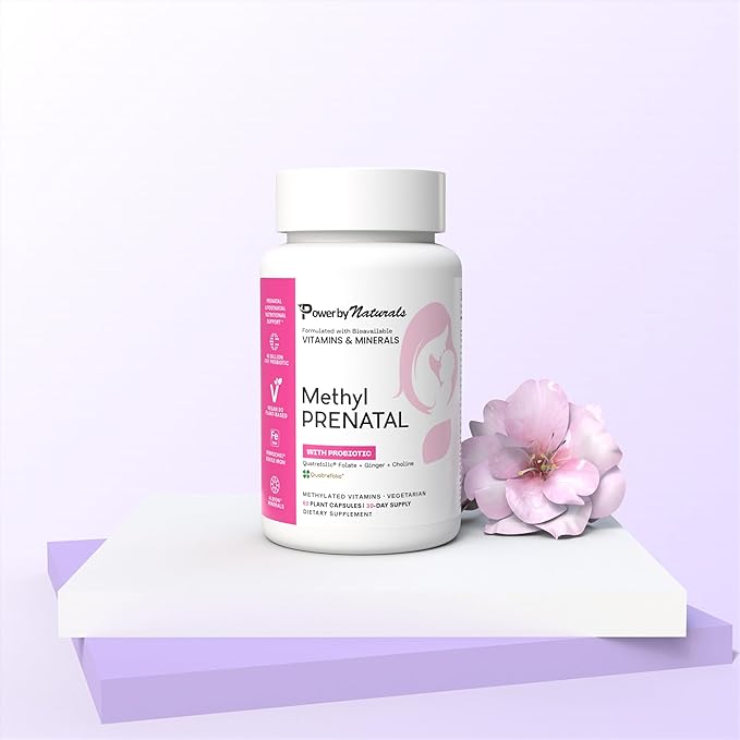 Power By Naturals Methyl Prenatal with Probiotics, Methylated Prenatal Vitamins for Women with Iron, B12, Choline, Ginger and 27+ Essential Nutrients, 60 Capsules