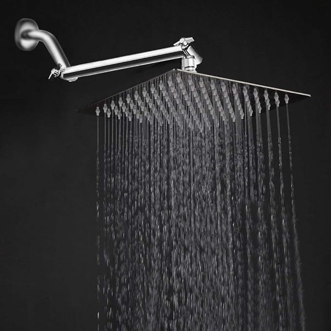 HarJue High Pressure Large Stainless Steel Square Rain ShowerHead With Shower Arm Waterfall Full Body Coverage Easy to Clean and Install (10 Inch with Arm, Chrome Finish)