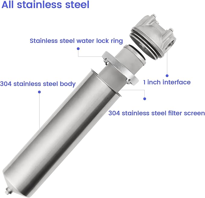 Amwater NSF/ANSI 42 Stainless Steel Whole House Water Filter Housing, 10" x 2.5" Sediment Water Filter System for Heavy Duty, Well & City Water, 1" NPT Port, Drain Valve Style C