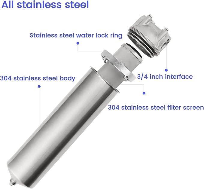 Amwater NSF/ANSI 42 Stainless Steel Whole House Water Filter Housing, 10" x 2.5" Sediment Water Filter System for Heavy Duty, Well & City Water, 3/4" NPT Port, Drain Valve Style C