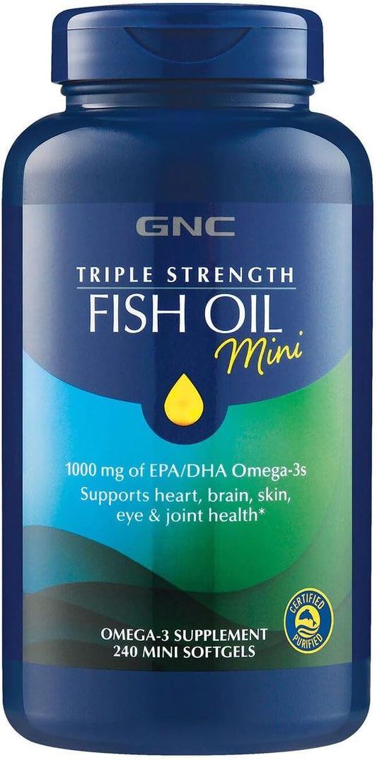 GNC Triple Strength Fish Oil Mini Omega 3 Supplement, 1000mg EPA and DHA, Supports Heart, Brain, Skin, Eye and Joint Health, 240 Mini Softgels