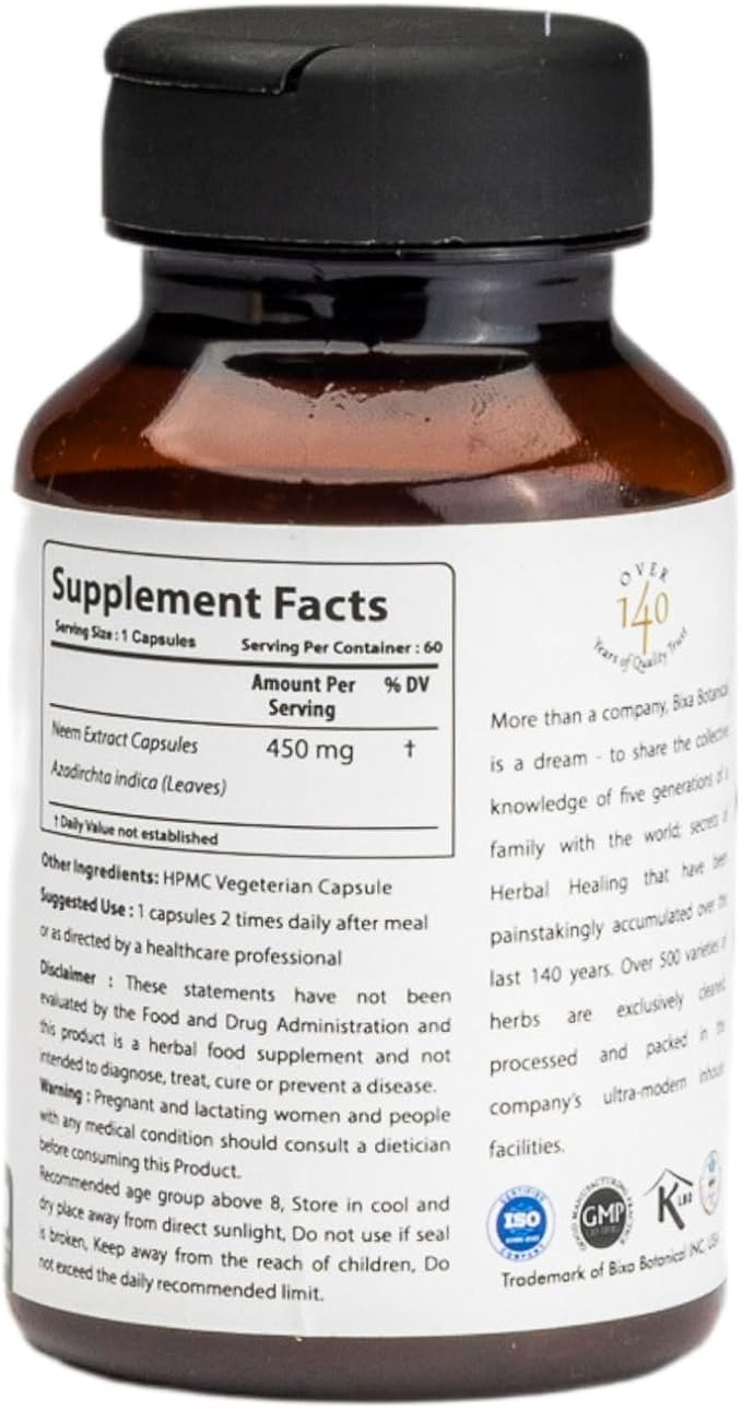 bixa BOTANICAL Neem Leaf Extract Ayurvedic Natural Herbal Supplement (60 Count (Pack of 1))