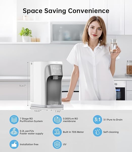 WIE Reverse Osmosis Water Filter Countertop, 7 Stage RO Purification with UV,Counter Water Filtration System, 3:1 Pure to Drain,NSF/ANSI 58 Tested,Water Purifier Dispenser (No Installation Required