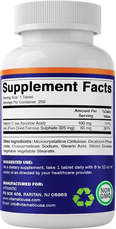 Vitamatic Ferrous Sulfate 325 mg with Vitamin C 100 mg (65 mg Elemental Iron) – High Potency Iron Supplement – No Artificial Colors – 250 Coated Tablets, Made in USA