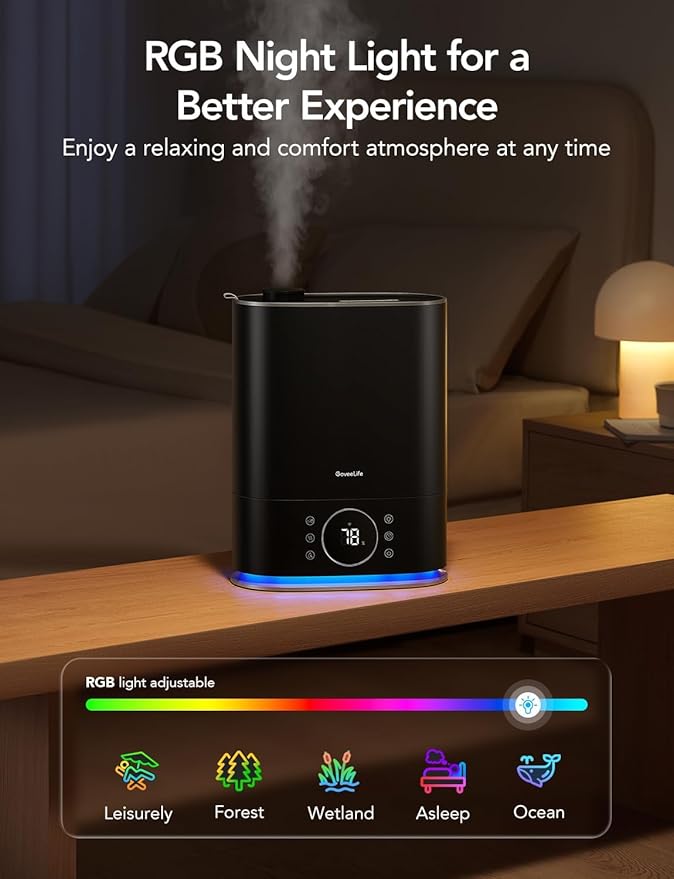 GoveeLife 7L Humidifiers for Bedroom, Smart Top-Fill Cool & Warm Mist Humidifier Large Room, Auto Mode, 70H Quiet Runtime for Baby Plants Nursery, App & Voice Control, RGB Nightlight, Humidity Sensor