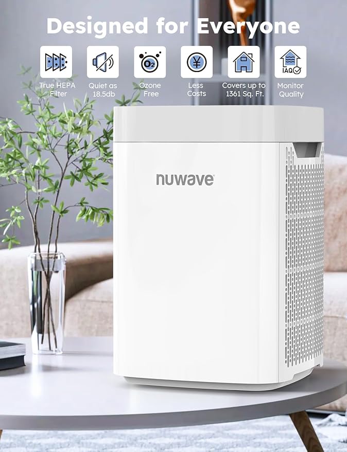 Nuwave Portable Air Purifier for Large Room up to 1361 Sq Ft with PM 2.5 Display Air Quality Sensor, H13 True HEPA Air Filter Remove 99.97% of Pets Hair Odor Dust Smoke with Double-sided Air Intake