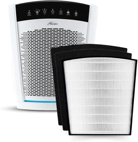 Hunter HP850 Air Purifiers for Home Large Room and Bedroom. True HEPA Air Purifier for Pets, Odors, Allergens, Smoke, Dust. UV Value Bundle w/Extra Filter, Cleans 2585 Ft² per hour. White