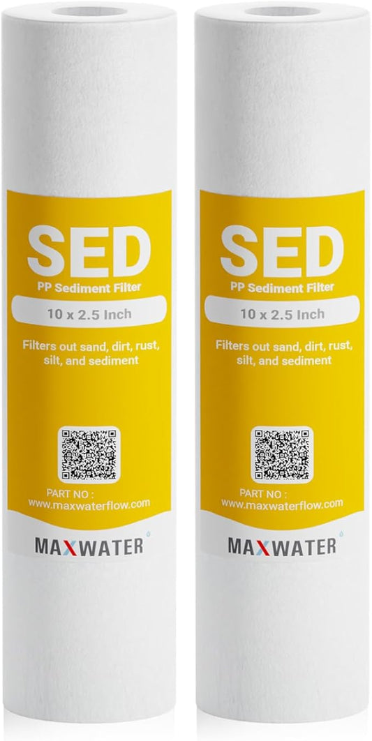 Max Water 5 Micron 10 x 2.5 Sediment Filter Cartridge Replacement for Reverse Osmosis and Whole House Water Filter, Compatible with Well Water Filters - P5, AP110, WHKF-GD05, WFPFC5002 (Pack of 2)