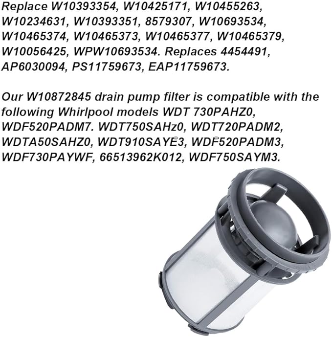 Plastic Dishwasher Filter Replacement W10872845, Efficient Filtration, Easy to Install & Maintain, Compatible with Whirlpool Models WDT730PAHZ0, WDF520PADM7, WDT750SAHZ0 & More