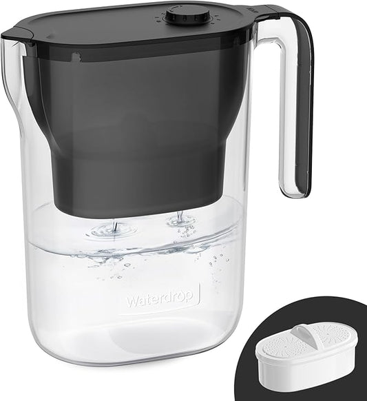 Waterdrop Water Filter Pitcher, 200-Gallon Long-Life, Countertop NSF Certified Water Purifier, Replaces 6,400 Plastic Water Bottles a Year, Reduces Chlorine, PFOA/PFOS, 7-Cup, Black