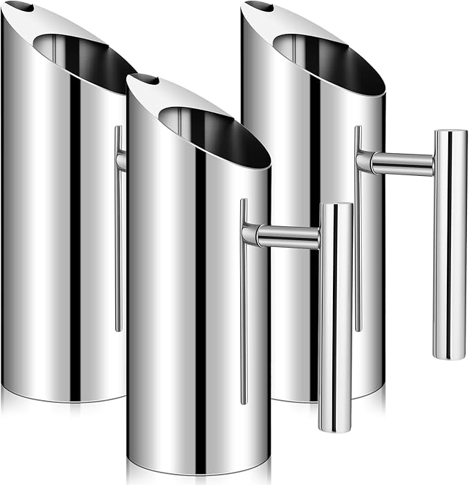3 Pack Stainless Steel Water Pitcher 33 oz / 1 L Modern Metal Pitcher with Ice Guard Silver Carafe Drink with Handle or Iced Hot Drink Tea Juice Coffee Beer