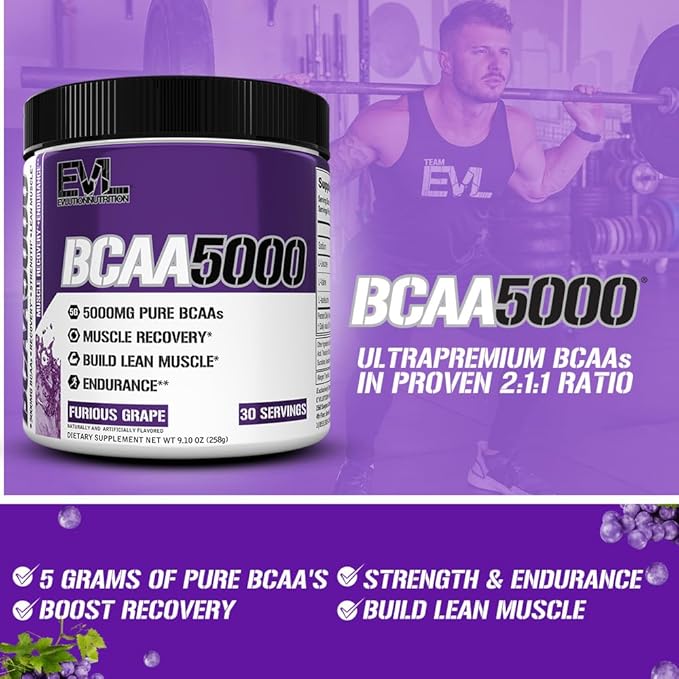 EVL BCAAs Amino Acids Powder - BCAA Powder Post Workout Recovery Drink and Stim Free Pre Workout Energy Drink Powder - 5g Branched Chain Amino Acids Supplement for Men - Furious Grape