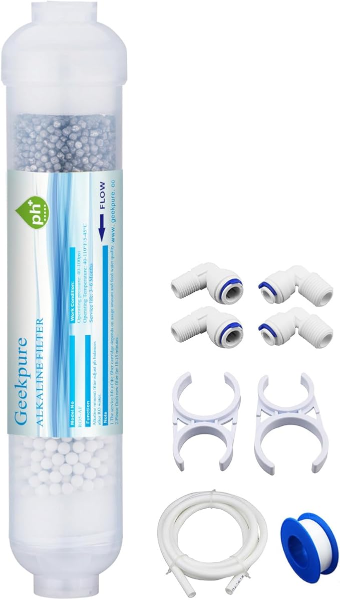 Geekpure 10-inch Universal Inline Alkaline Replacement Water Filter Kit pH+ for Reverse Osmosis System -1/4”Thread