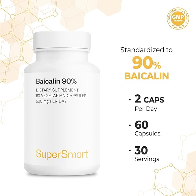 SuperSmart - 90% Baicalin 500mg per Day (Scutellaria Baicalensis) - Chinese Skullcap Extract Supplement | Non-GMO & Gluten Free - 60 Vegetarian Capsules