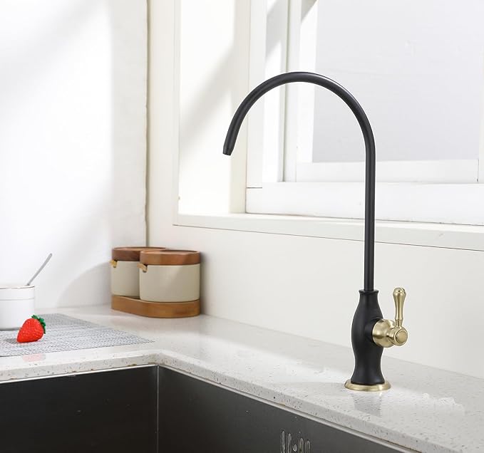 Delle Rosa Drinking Water Faucet, Solid Brass Kitchen Water Filter Faucet, Commercial Water Filtration Faucet for Under Sink Water Filter System Black& Gold